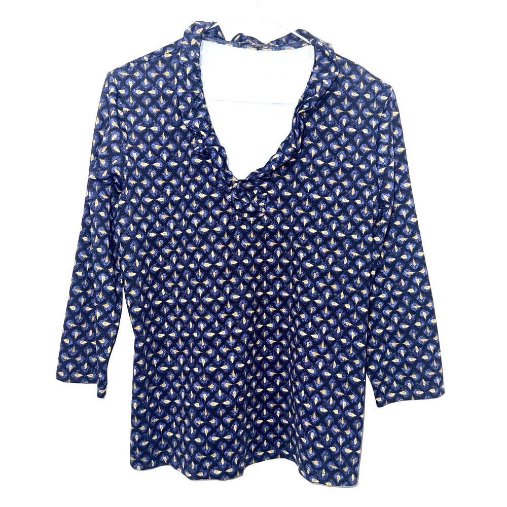 J. Mclaughlin Printed Durham Catalina Cloth Ruffle Neck Blouse - Blue/Tan L